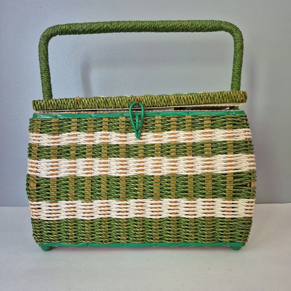 JCPenney VTG Green White Wicker Divider Sewing Box Caddy w/ Handle Accessories